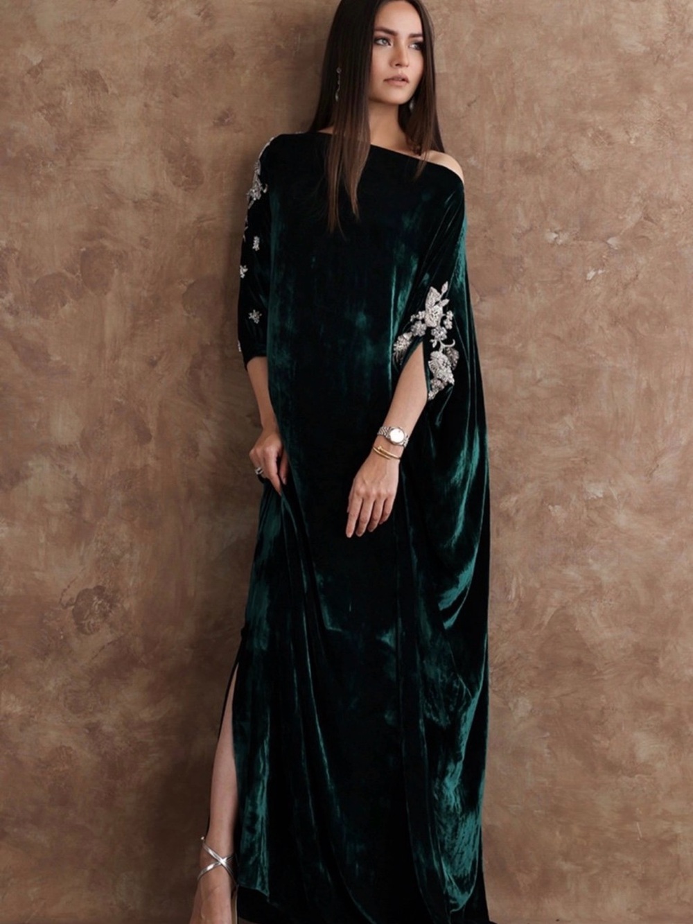 Velvet Embellished Maxi Dress in Deep Green - Women